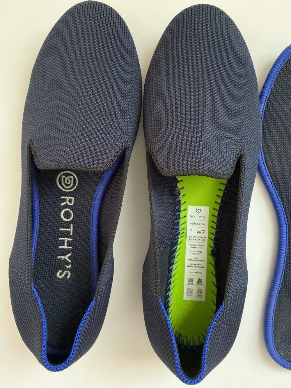 Rothy's Navy Knit Slip-On Flats with Lime Green Insole